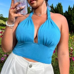 Blue backless halter crop top